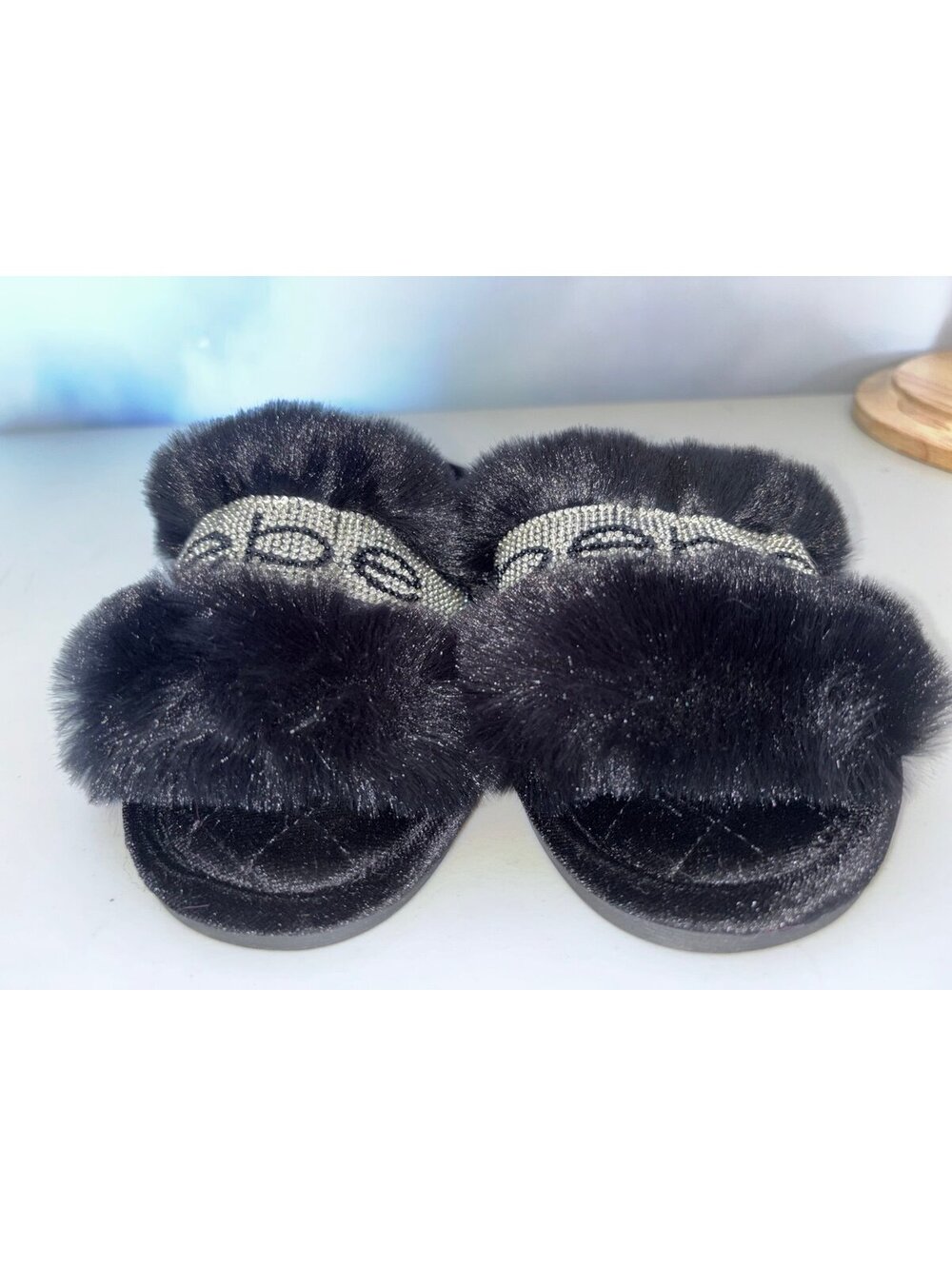 bebe Black Faux Fur Slide Sandals with Rhinestone Logo Band - Picture 2 of 7